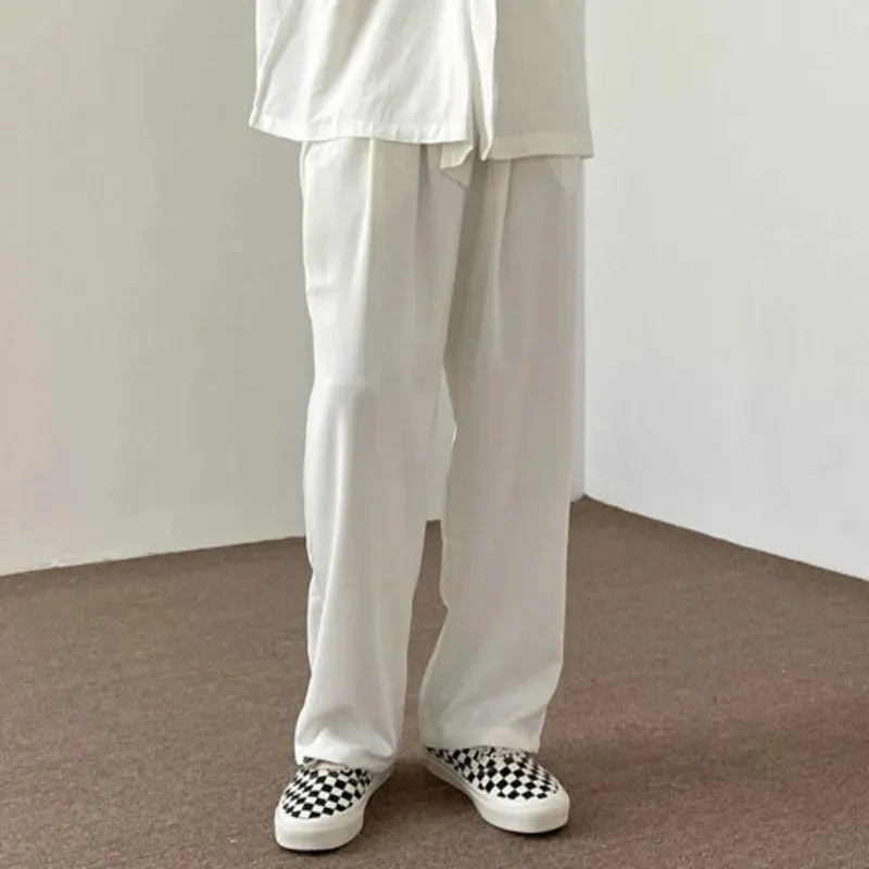 Summer Elastic Waist Casual Pants Solid Color Men Loose Wide Leg Simple Design Trousers Trendy Male Bottoms 28W3844