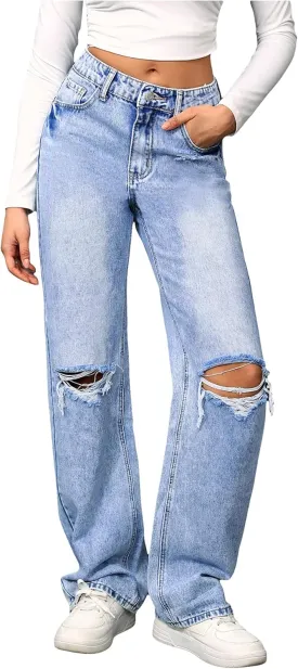 SweatyRocks Women's High Waist Ripped Straight Leg Jeans Boyfriend Style Distressed Denim Pants with Pocket