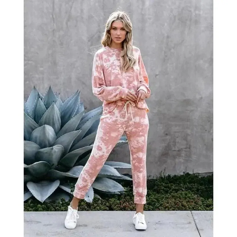 Tie-Dye Printed Round Neck Long-Sleeved Casual Suit