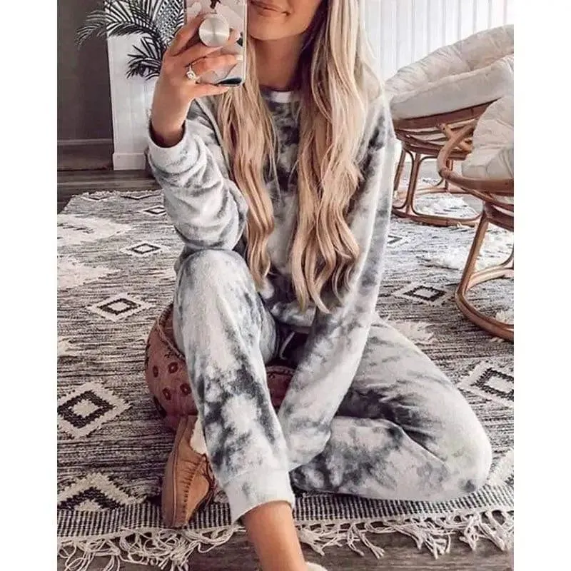 Tie-Dye Printed Round Neck Long-Sleeved Casual Suit