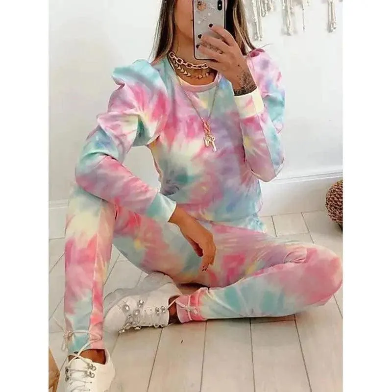 Tie-Dye Printed Round Neck Long-Sleeved Casual Suit