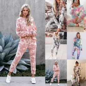 Tie-Dye Printed Round Neck Long-Sleeved Casual Suit
