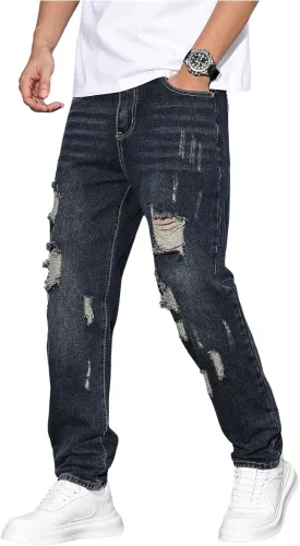 Verdusa Men's Vintage Distressed Ripped Jeans Straight Leg Denim Pants with Pockets