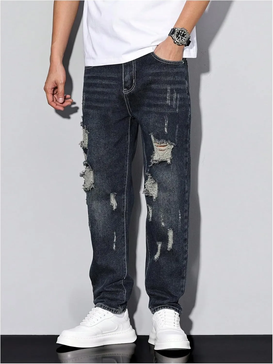 Verdusa Men's Vintage Distressed Ripped Jeans Straight Leg Denim Pants with Pockets