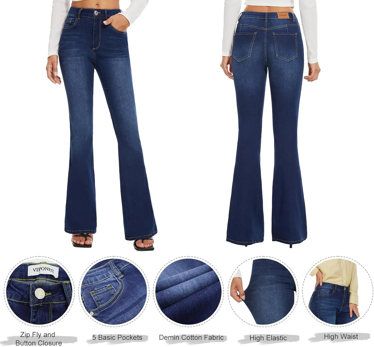 VIPONES Bell Bottom Jeans for Women Stretchy High Waisted Flare Curvy Denim Pants