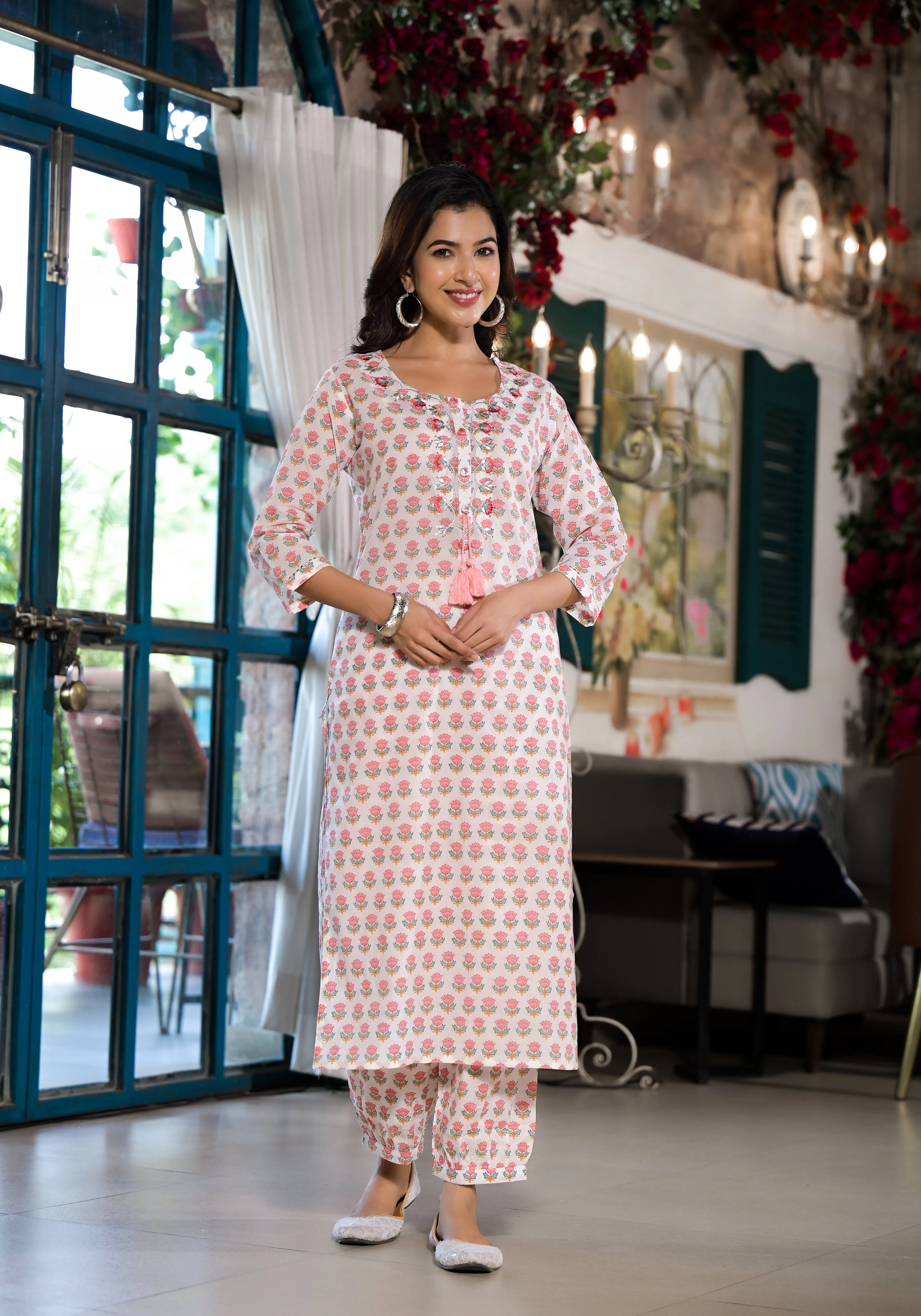 White & Pink Floral Printed Cotton Kurta With Trouser