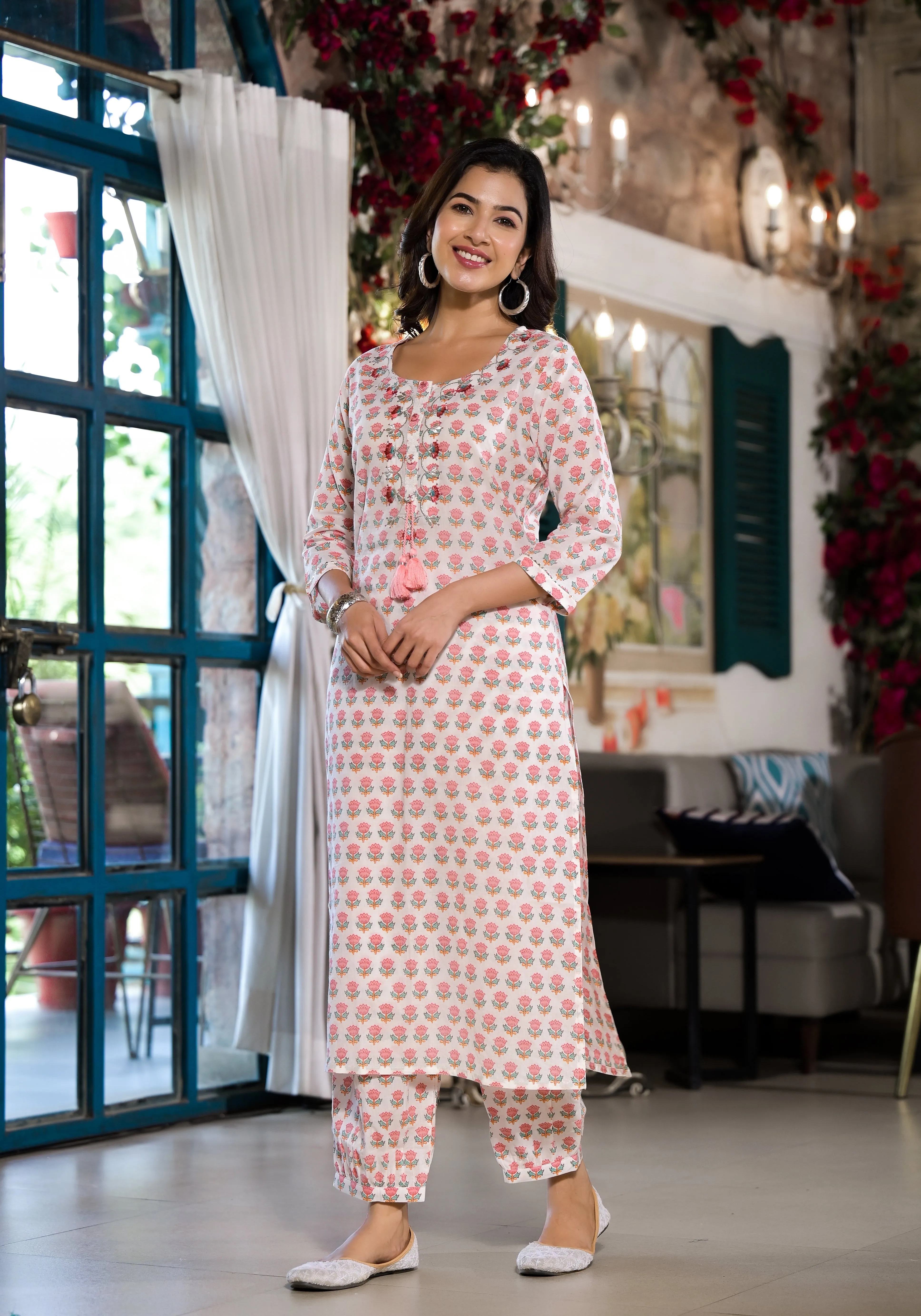 White & Pink Floral Printed Cotton Kurta With Trouser
