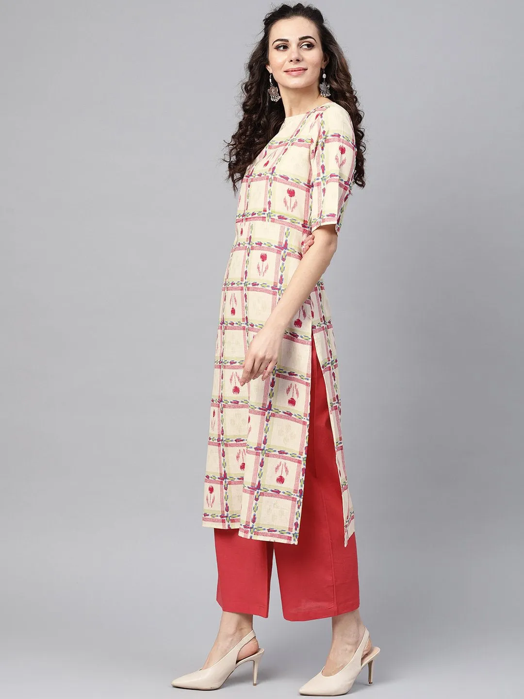 White Checked Printed Staright Kurta Set With Solid Red Pants
