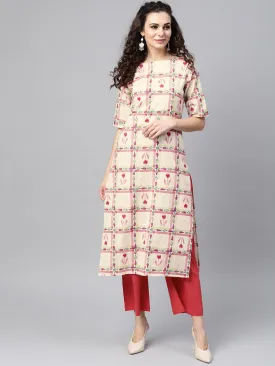 White Checked Printed Staright Kurta Set With Solid Red Pants