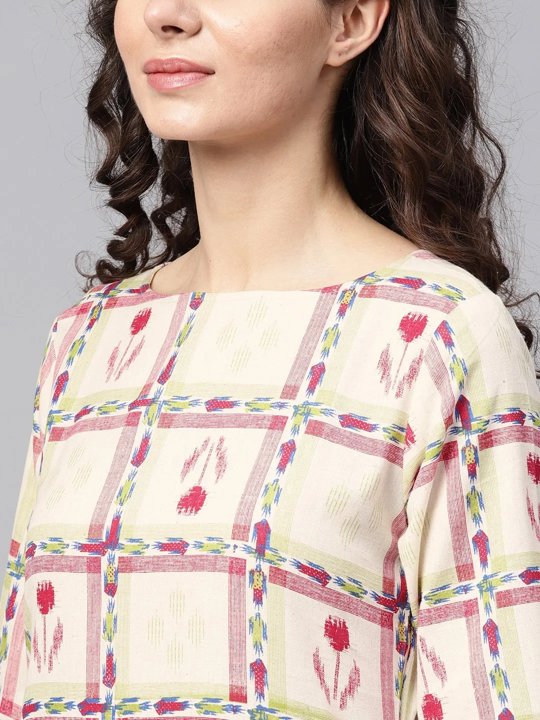 White Checked Printed Staright Kurta Set With Solid Red Pants