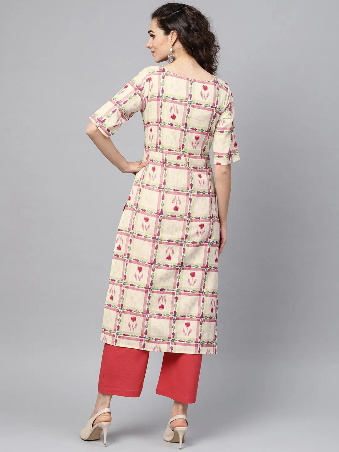 White Checked Printed Staright Kurta Set With Solid Red Pants