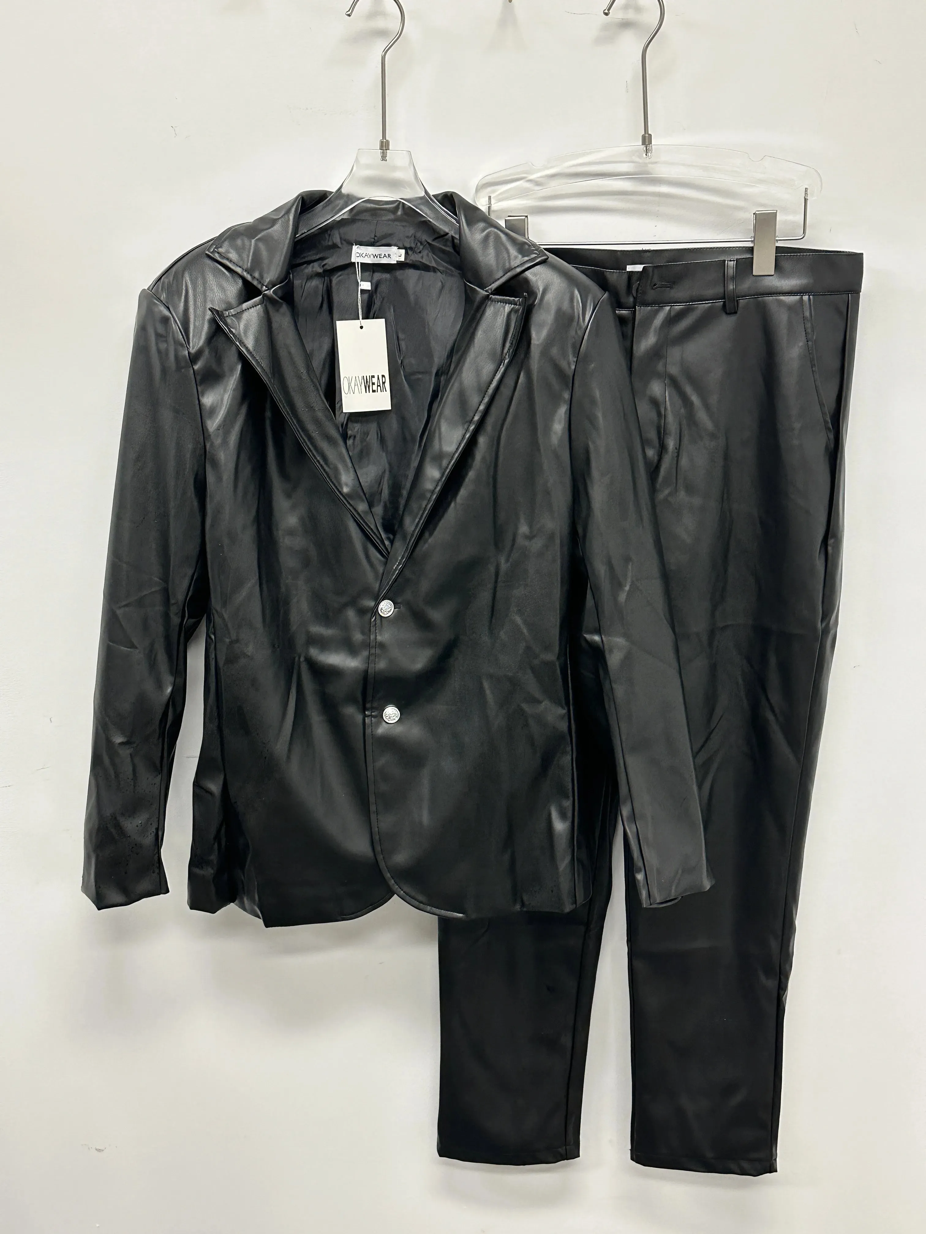 Wiaofellas  -  Men's Blazer & Pants 2Pcs Set Slim Fit Black Lapel PU Leather Jacket & Pants 2Pcs Set Male Business Casual Prom Suit Moto style