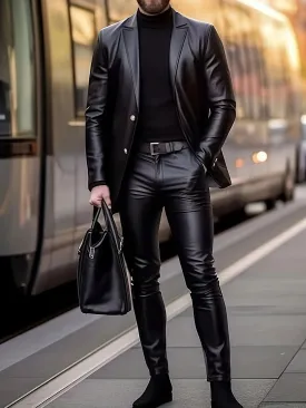 Wiaofellas  -  Men's Blazer & Pants 2Pcs Set Slim Fit Black Lapel PU Leather Jacket & Pants 2Pcs Set Male Business Casual Prom Suit Moto style