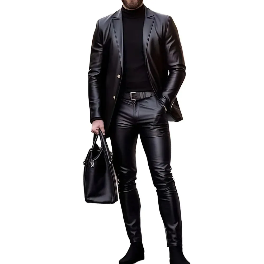 Wiaofellas  -  Men's Blazer & Pants 2Pcs Set Slim Fit Black Lapel PU Leather Jacket & Pants 2Pcs Set Male Business Casual Prom Suit Moto style