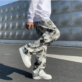 Wiaofellas  -  Mens Fashion Printed jeans Spring Mopping Trousers Jeans Korean Style High Street Loose Hip Hop Wide-leg Jean Pants