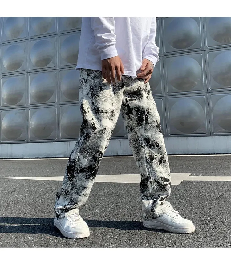 Wiaofellas  -  Mens Fashion Printed jeans Spring Mopping Trousers Jeans Korean Style High Street Loose Hip Hop Wide-leg Jean Pants