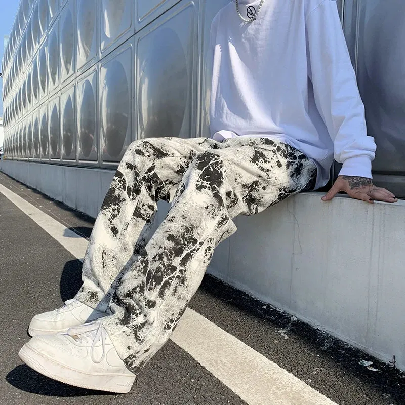 Wiaofellas  -  Mens Fashion Printed jeans Spring Mopping Trousers Jeans Korean Style High Street Loose Hip Hop Wide-leg Jean Pants