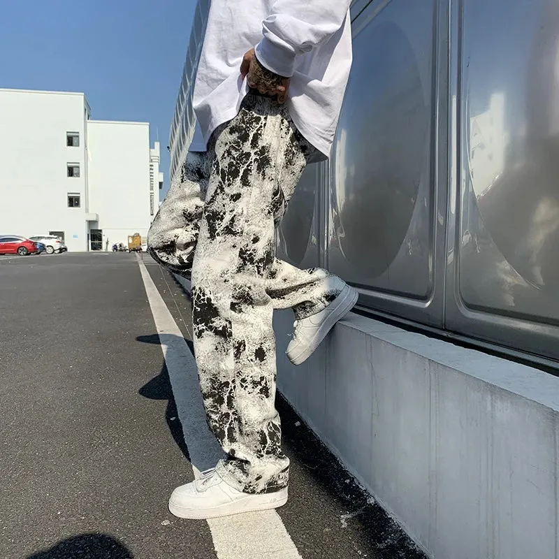 Wiaofellas  -  Mens Fashion Printed jeans Spring Mopping Trousers Jeans Korean Style High Street Loose Hip Hop Wide-leg Jean Pants