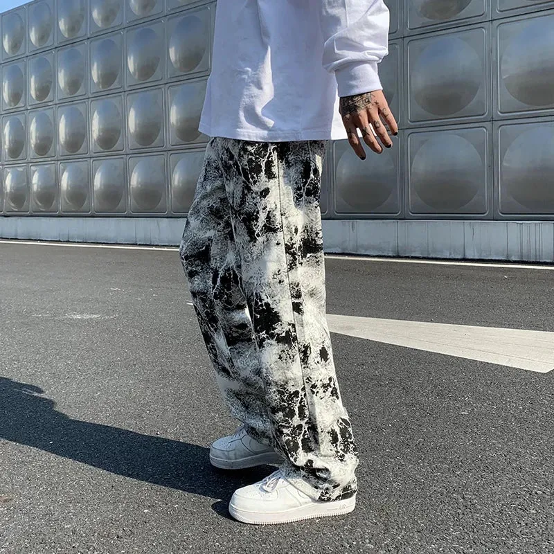 Wiaofellas  -  Mens Fashion Printed jeans Spring Mopping Trousers Jeans Korean Style High Street Loose Hip Hop Wide-leg Jean Pants