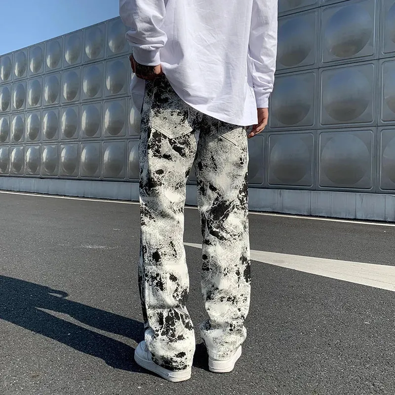Wiaofellas  -  Mens Fashion Printed jeans Spring Mopping Trousers Jeans Korean Style High Street Loose Hip Hop Wide-leg Jean Pants