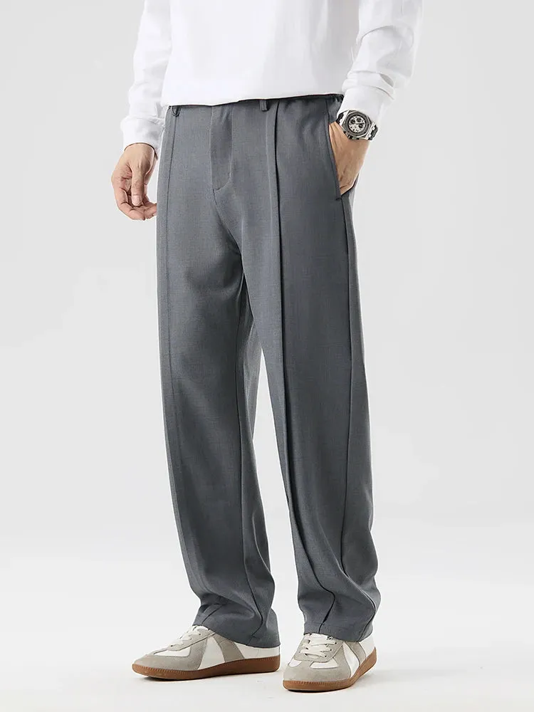 Wiaofellas  -  New Autumn Casual Pants Men Korean Fashion Banded Waist Stretch Wide Leg Pleated Suit Slacks Straight Loose Drape Trousers