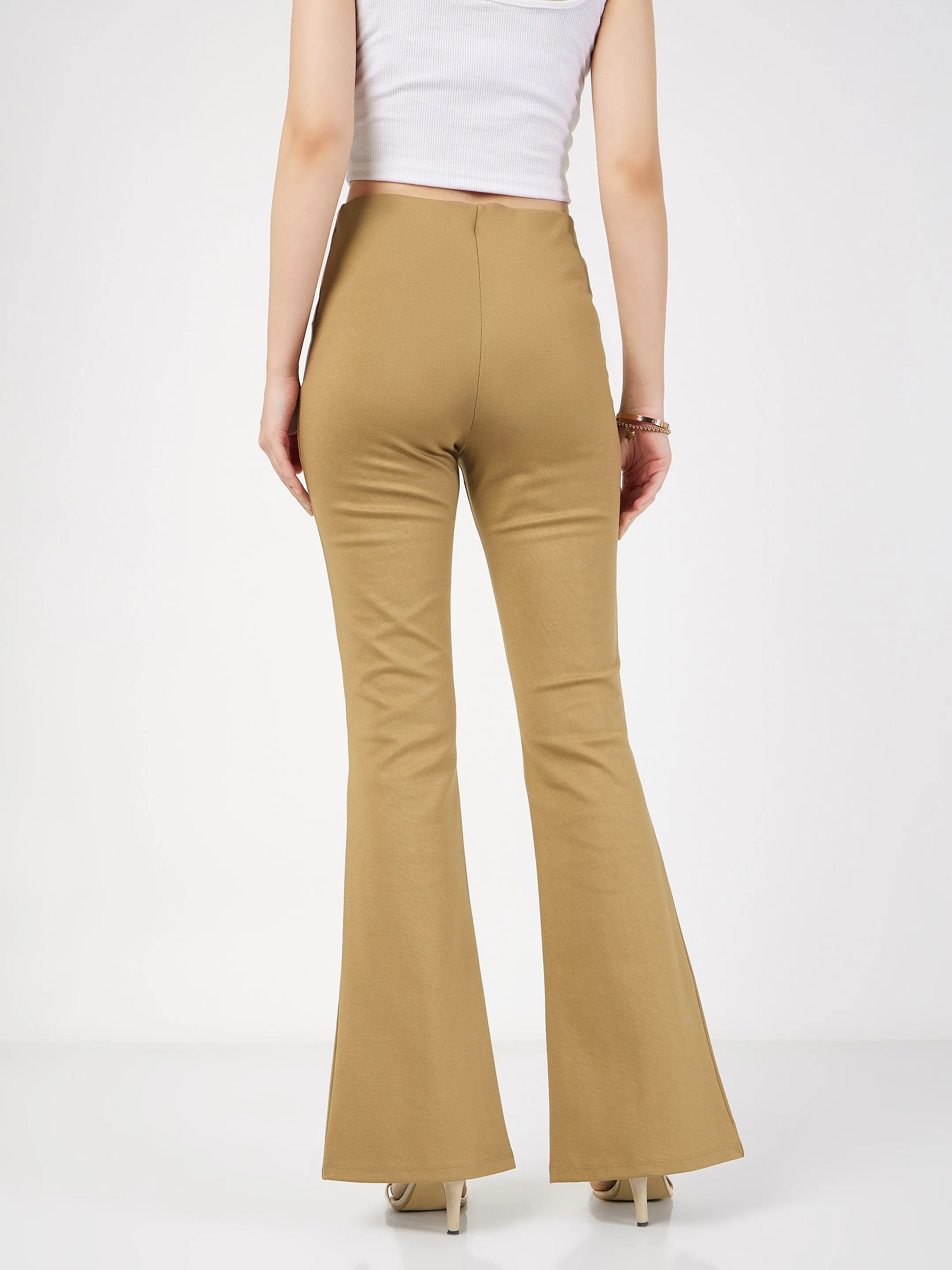 Women Beige Roma Front Slit Bell Bottom Pants