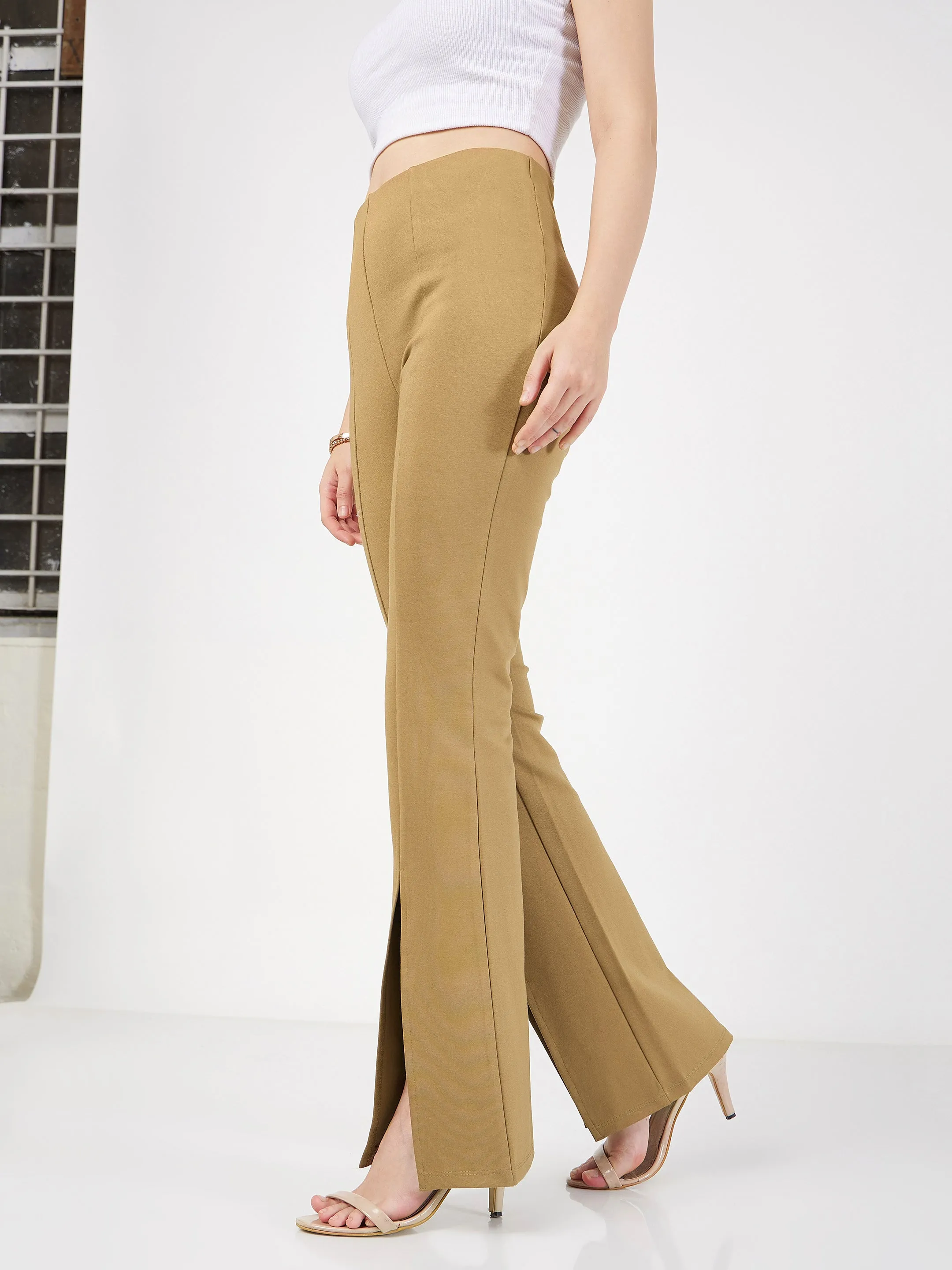 Women Beige Roma Front Slit Bell Bottom Pants