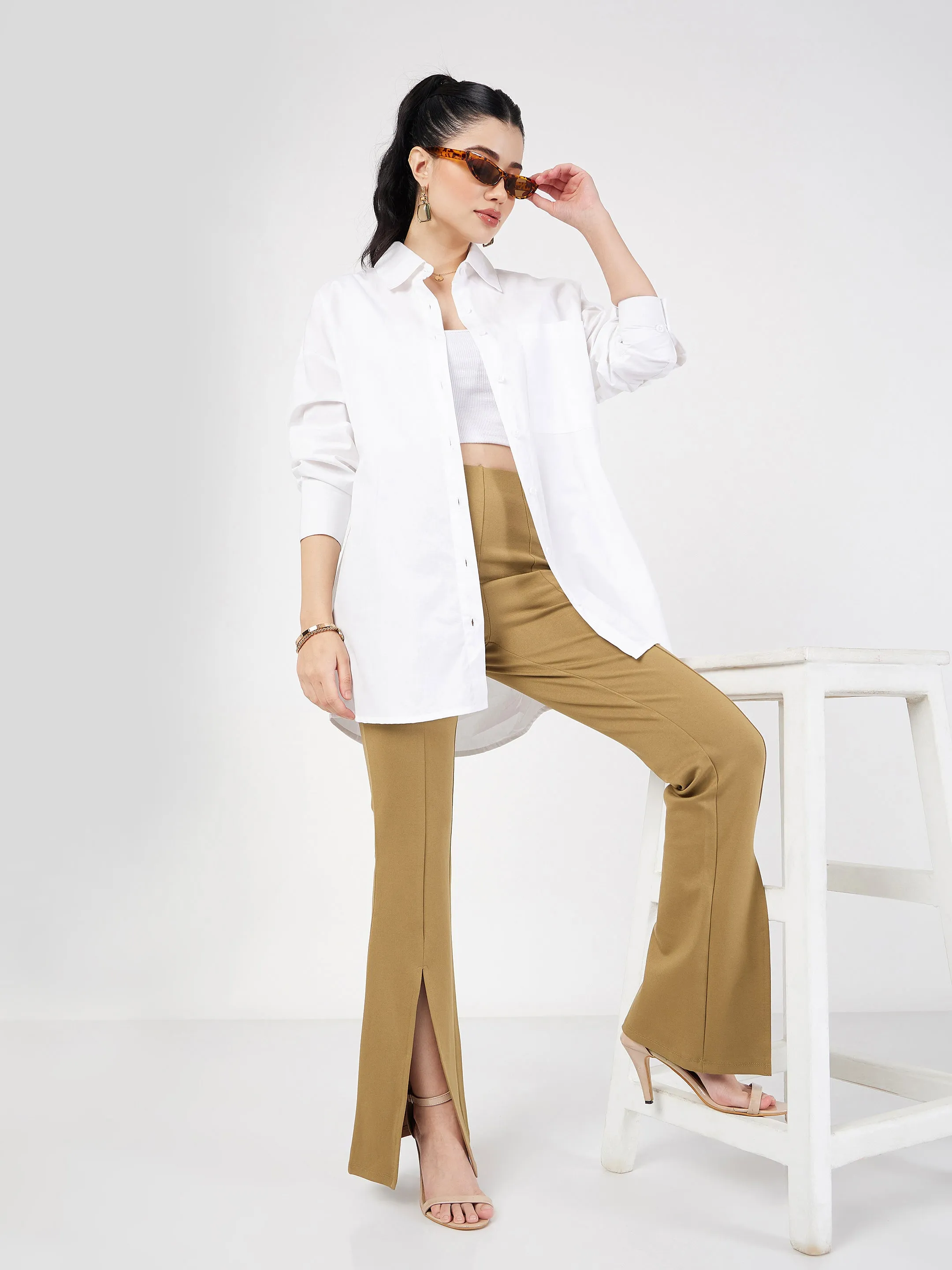 Women Beige Roma Front Slit Bell Bottom Pants