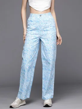 Women Blue Abstract Print Twill Straight Pants
