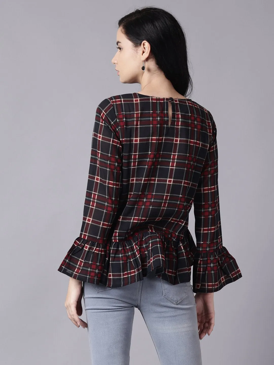 Women Blue Casual Checked Round Neck Top