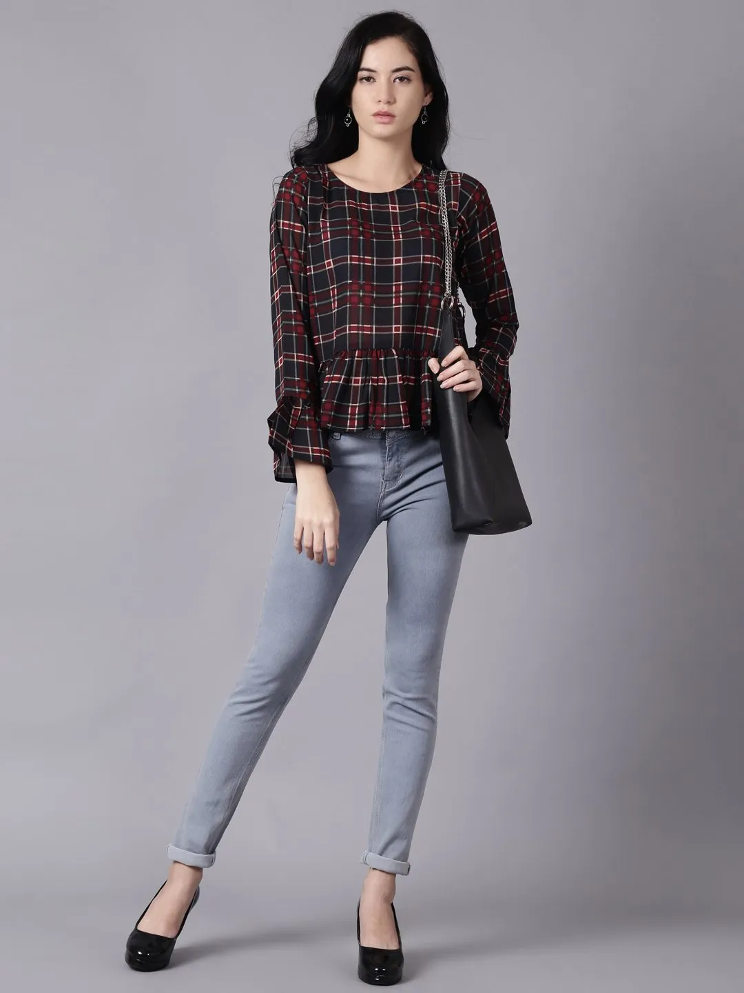 Women Blue Casual Checked Round Neck Top