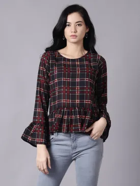 Women Blue Casual Checked Round Neck Top