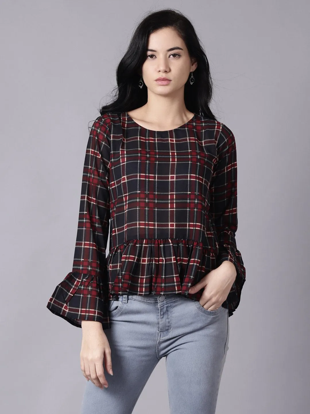 Women Blue Casual Checked Round Neck Top