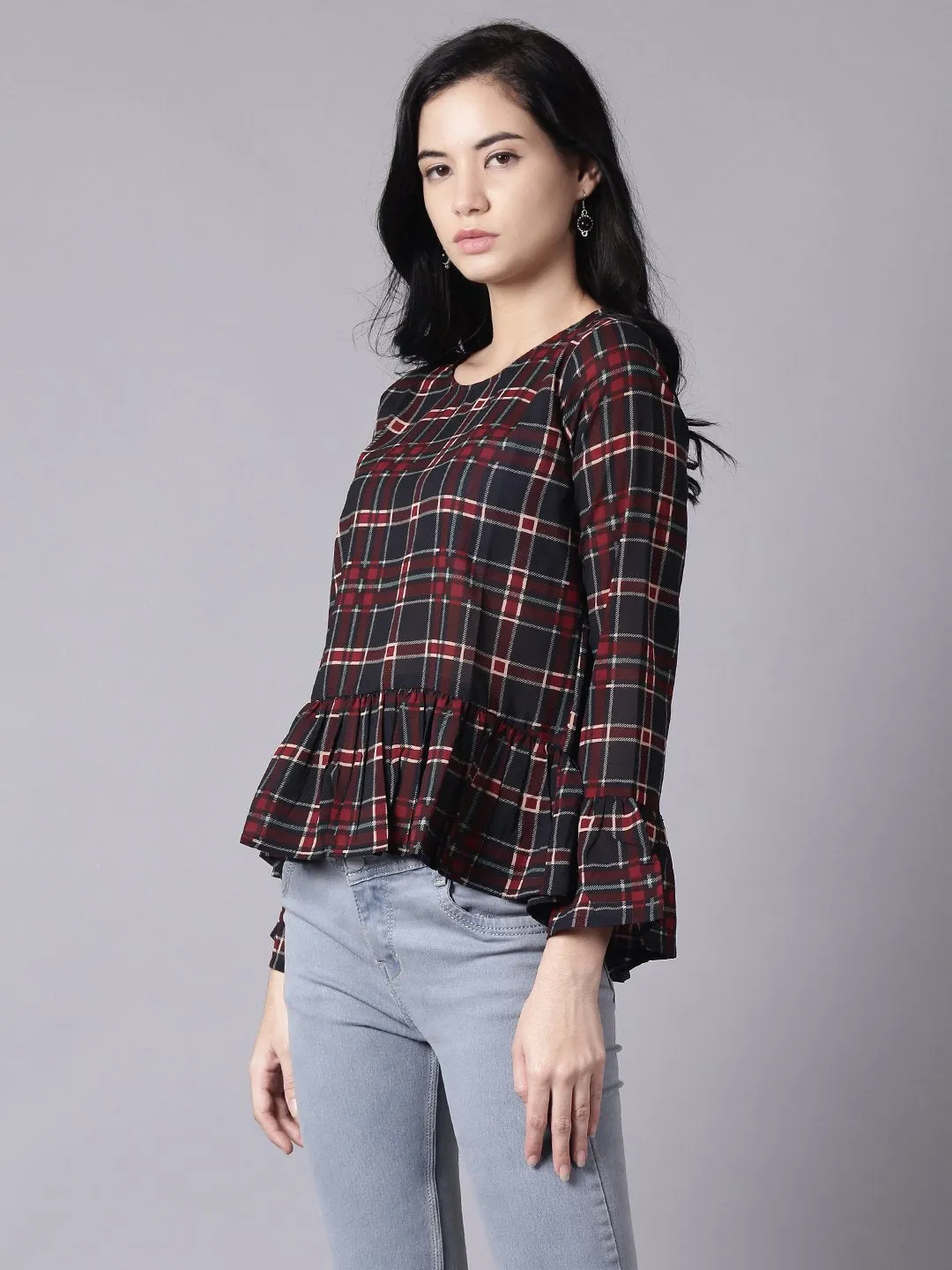 Women Blue Casual Checked Round Neck Top