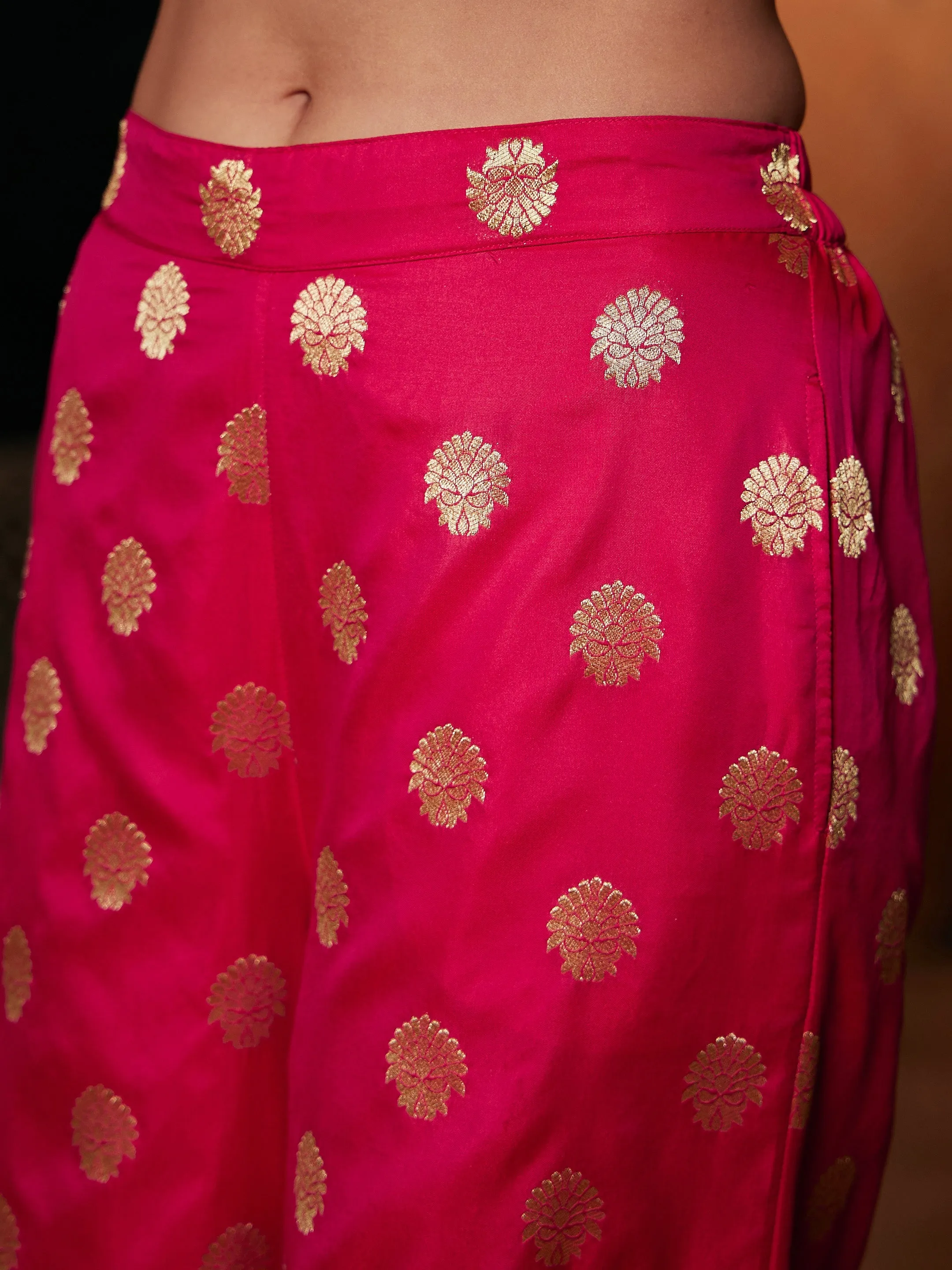 Women Fuchsia Satin Wrap Crop Top With Brocade Palazzos