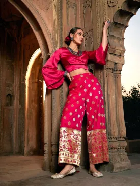 Women Fuchsia Satin Wrap Crop Top With Brocade Palazzos