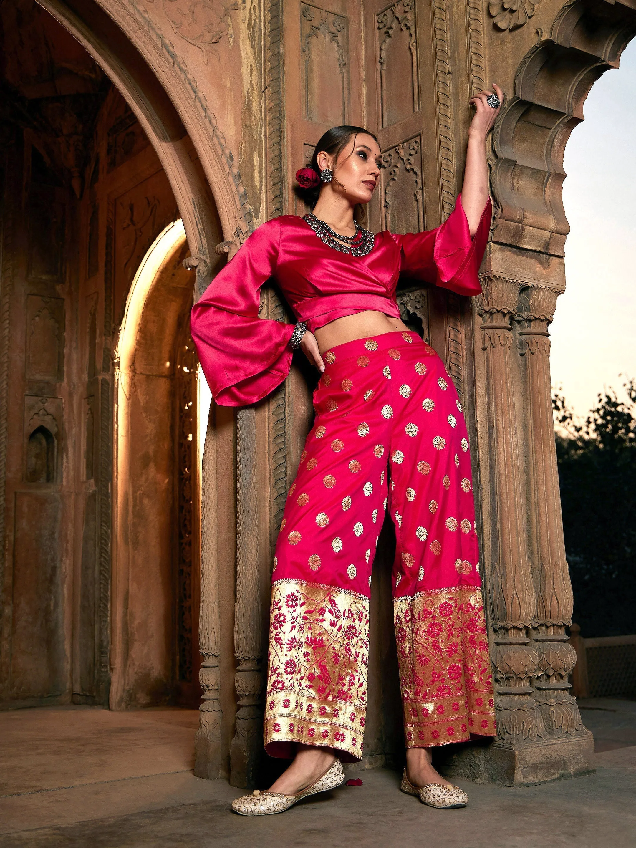 Women Fuchsia Satin Wrap Crop Top With Brocade Palazzos