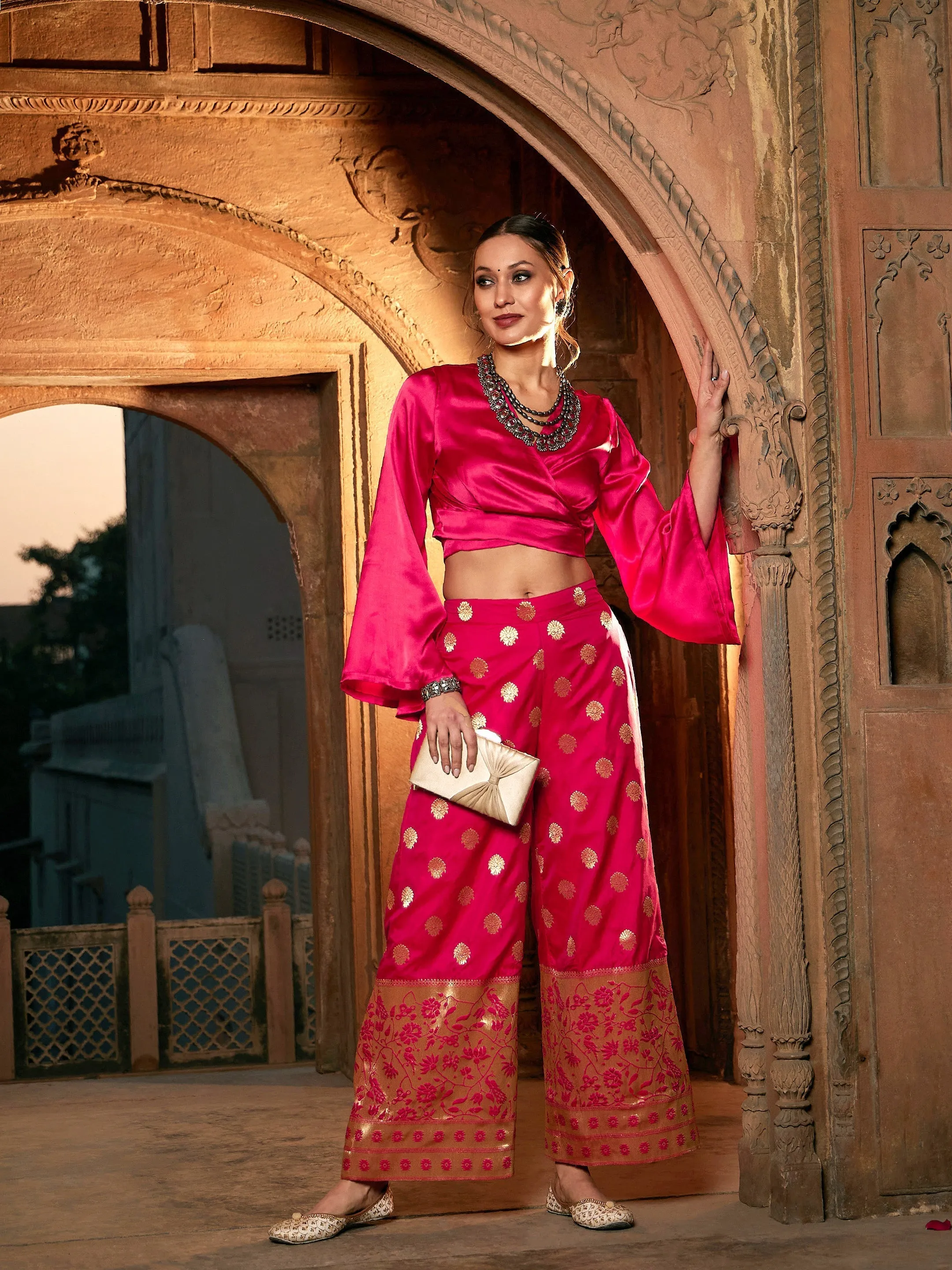 Women Fuchsia Satin Wrap Crop Top With Brocade Palazzos