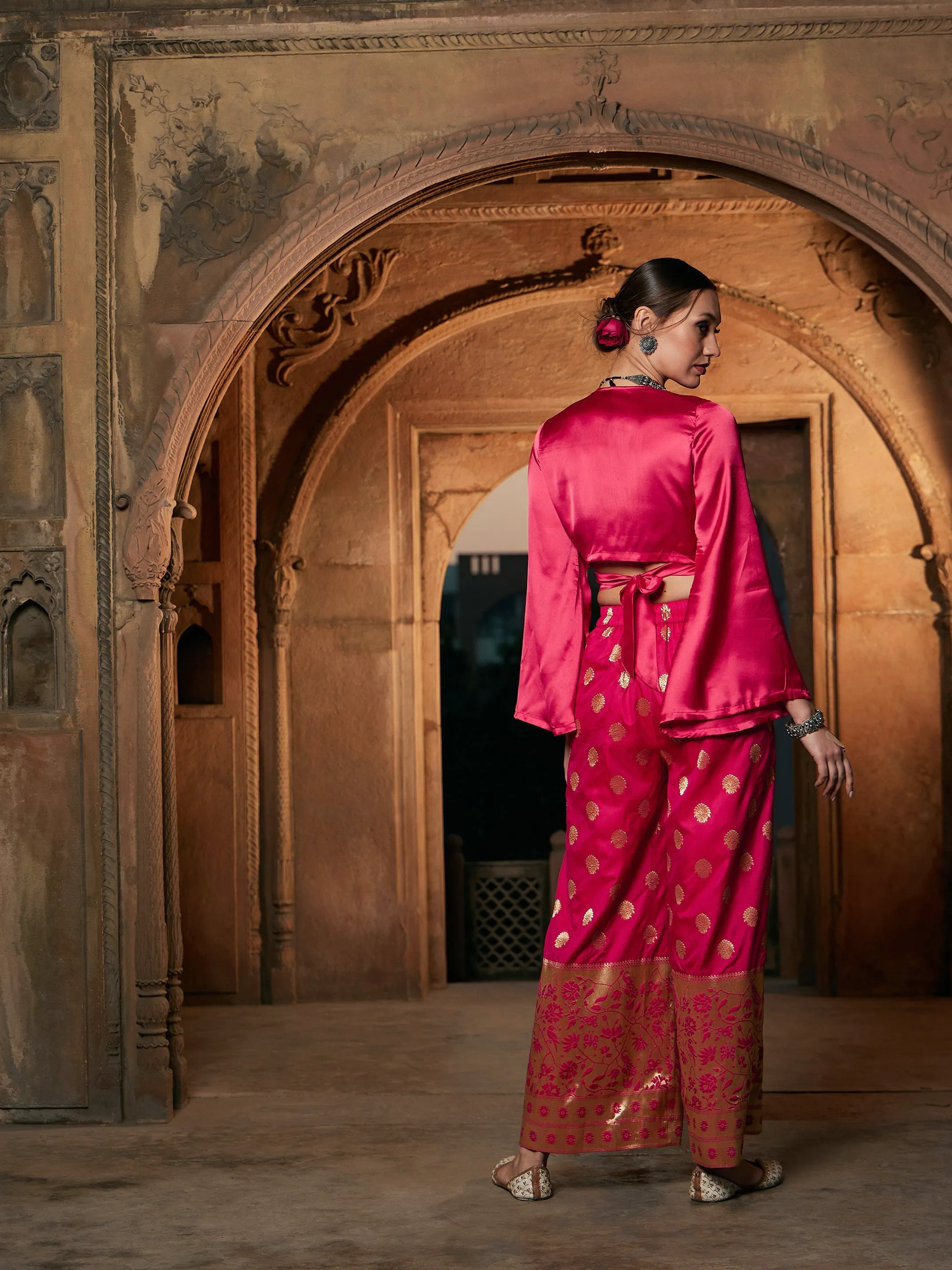Women Fuchsia Satin Wrap Crop Top With Brocade Palazzos