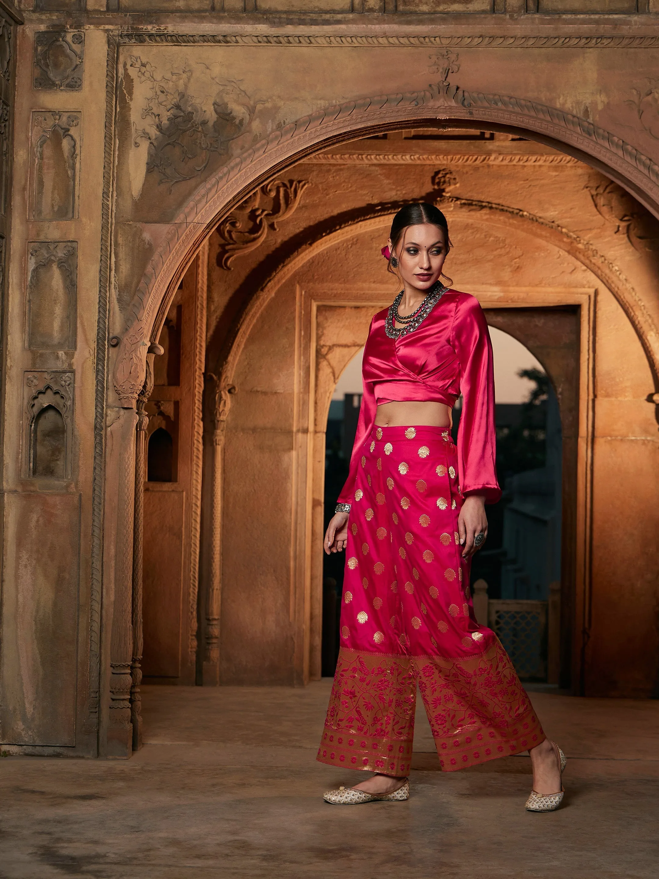 Women Fuchsia Satin Wrap Crop Top With Brocade Palazzos
