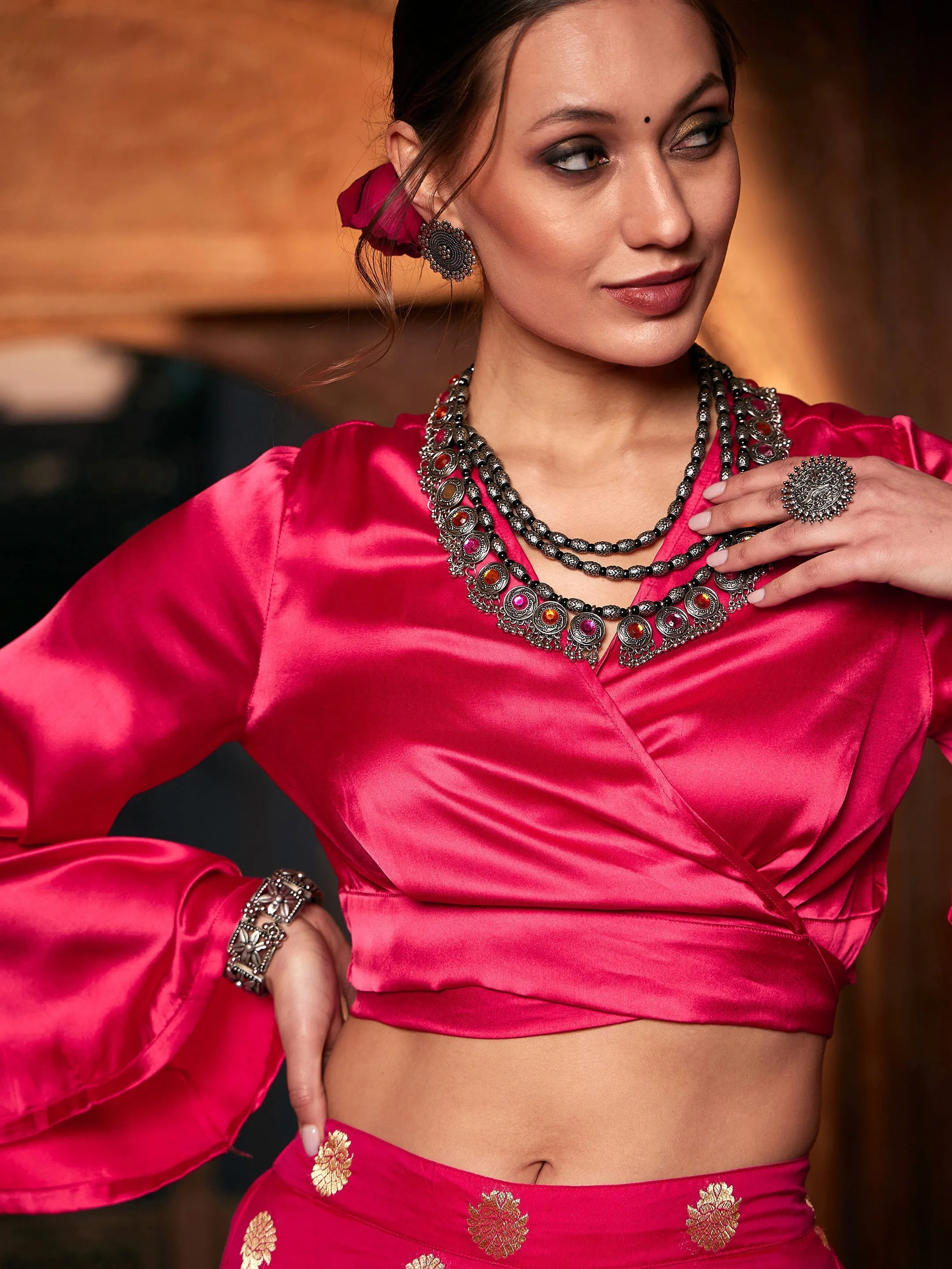 Women Fuchsia Satin Wrap Crop Top With Brocade Palazzos