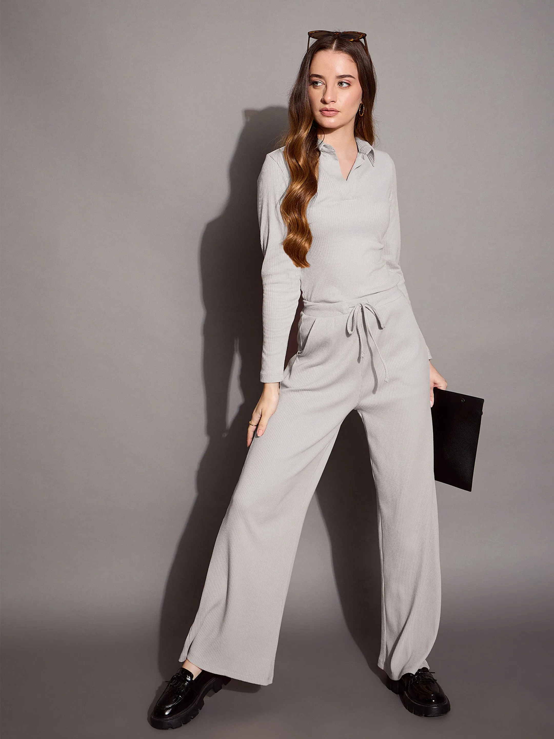 Women Grey Melange Rib Polo Neck Top With Drawstring Pants