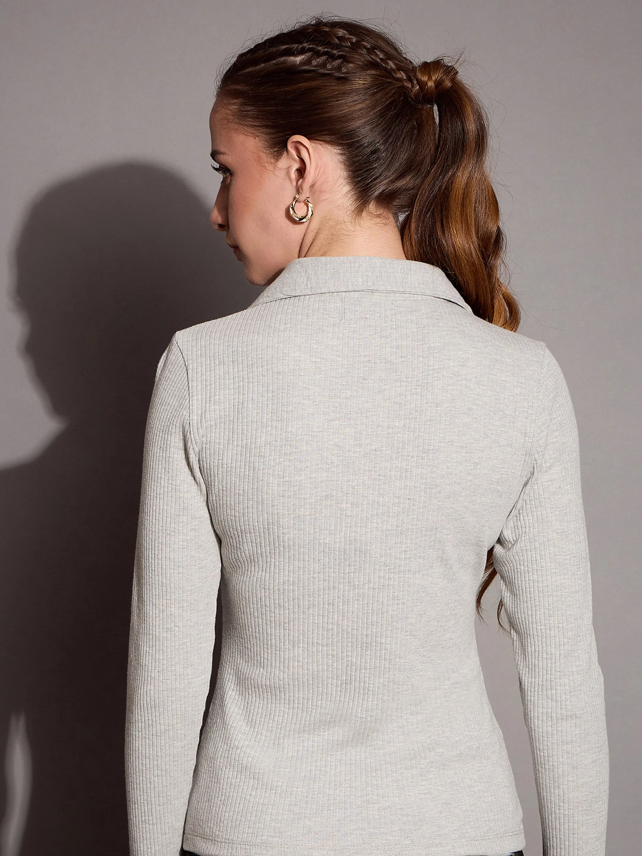 Women Grey Melange Rib Polo Neck Top With Drawstring Pants