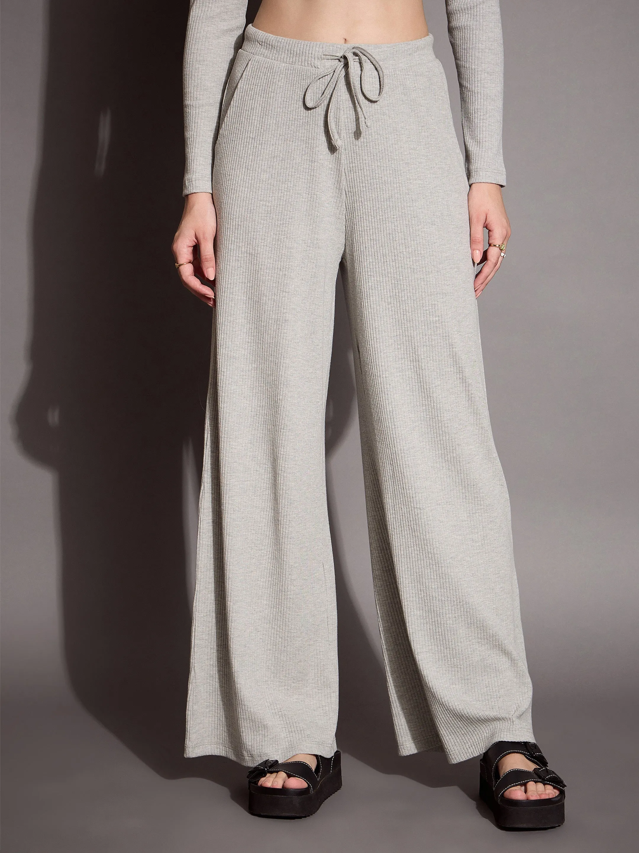 Women Grey Melange Rib Polo Neck Top With Drawstring Pants