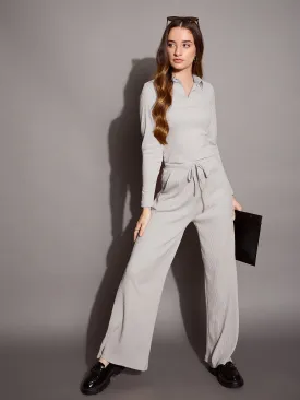 Women Grey Melange Rib Polo Neck Top With Drawstring Pants