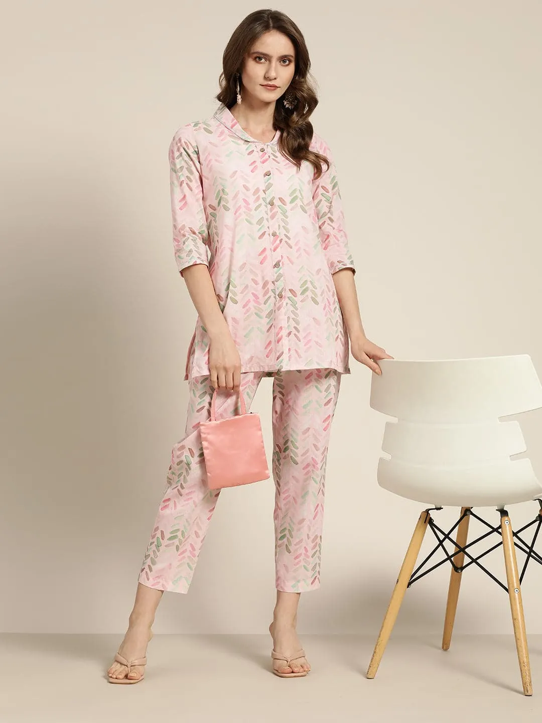 Women Pink Brush Paint Chevron Sustainable Straight Pants