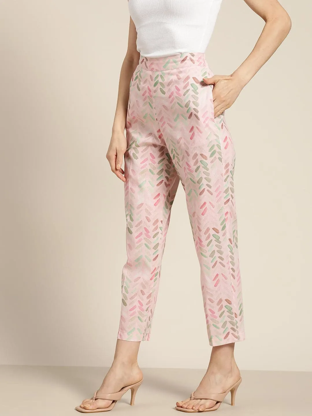 Women Pink Brush Paint Chevron Sustainable Straight Pants