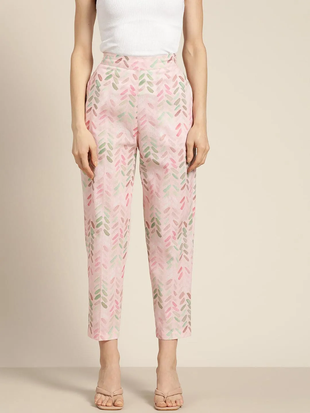 Women Pink Brush Paint Chevron Sustainable Straight Pants