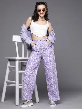 Women Purple Abstract Print Twill Straight Pants