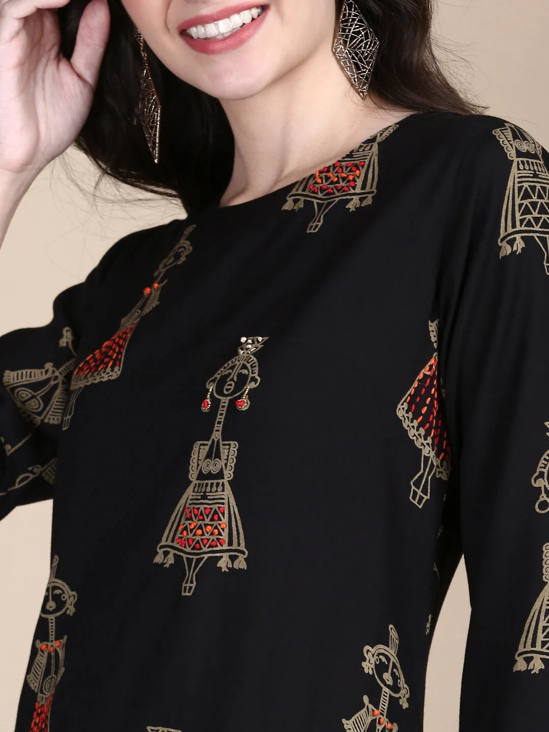Women Tribal Black Straight Kurta Set
